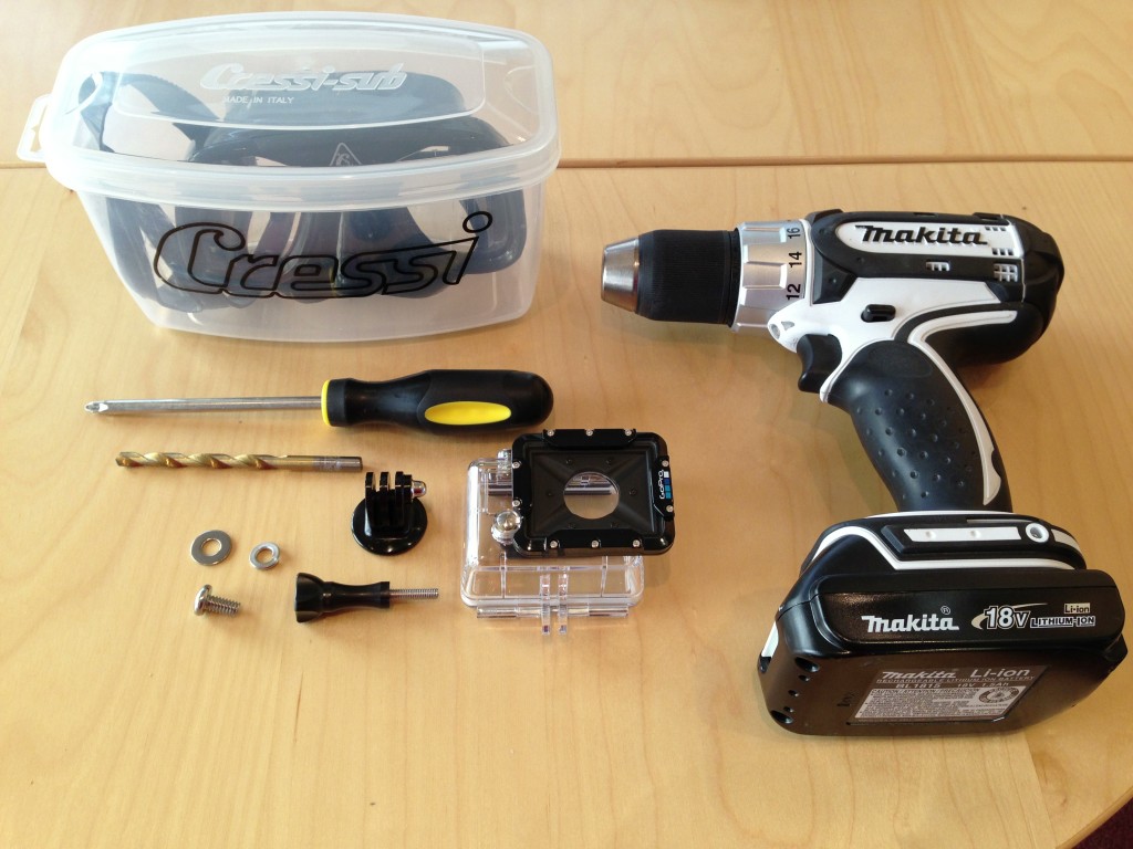 Items needed to mount a GoPro camera to a SCUBA mask