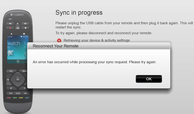 I encountered an occasional sync error while updating my Harmony Ultimate