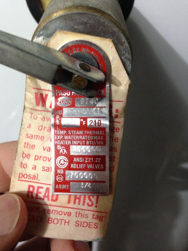 A TPR valve's tag tells you all the important details you'll need to replace it