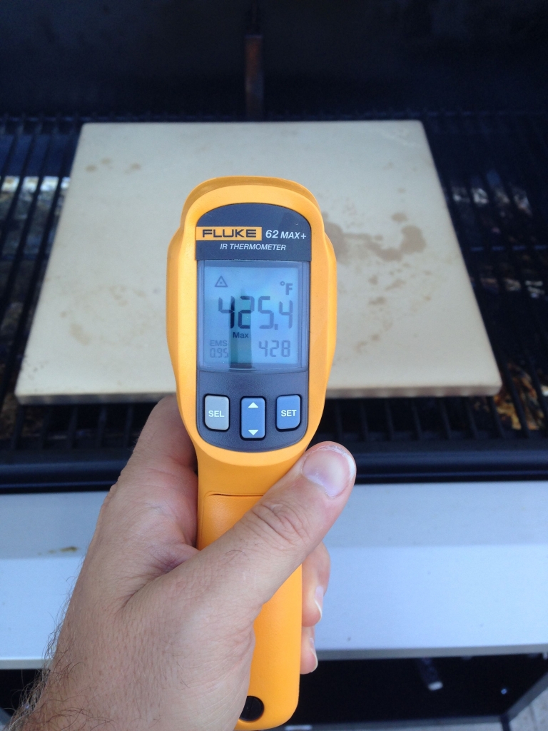 Checking my pizza stone temperature with an IR thermometer